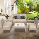 Polyrattan Lounge Set 5 cm Cushions 5 mm Safety Glass Top 7-Piece 2 Armchairs 1 Garden Bench