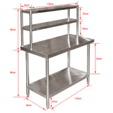 Stainless steel work table 120x60x85cm with two-tier shelf