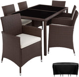 Poly rattan seating group, 6 chairs with seat cushions, 1 table with 2 glass plates