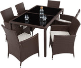 Poly rattan seating group, 6 chairs with seat cushions, 1 table with 2 glass plates