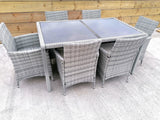 Lt Grey Rattan Seating Set, 6 Chairs with Seat Cushions, 1 Table with 2 Glass Tops, Including Protective Cover