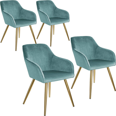 Set of 4 Dining Chairs with Armrests Padded Velvet Seat Gold Metal Legs