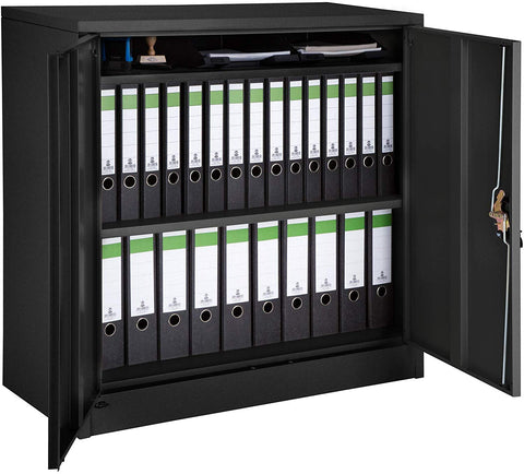Black Filing Cabinet with Compartments, Lockable, 2 Double Doors