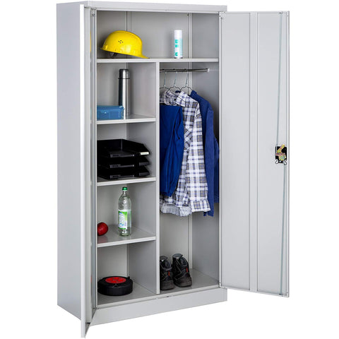 Garage Office Storage  Filing Cupboard Metal Grey with 4 Shelves and Rail | 2-Doors 180x90x40cm
