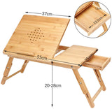 Laptop Table Bamboo Height Adjustable Drawer Ventilation Holes 55 x 35 x 20 - 28 cm for Bed Couch Sofa Breakfast