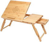 Laptop Table Bamboo Height Adjustable Drawer Ventilation Holes 55 x 35 x 20 - 28 cm for Bed Couch Sofa Breakfast