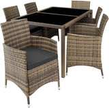 Brow Rattan Seating Set, 6 Chairs with Seat Cushions, 1 Table with 2 Glass Tops, Including Protective Cover