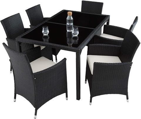 BLACK Rattan Seating Set, 6 Chairs with Seat Cushions, 1 Table with 2 Glass Tops, Including Protective Cover