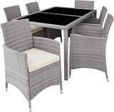Lt Grey Rattan Seating Set, 6 Chairs with Seat Cushions, 1 Table with 2 Glass Tops, Including Protective Cover