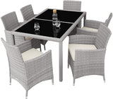 Lt Grey Rattan Seating Set, 6 Chairs with Seat Cushions, 1 Table with 2 Glass Tops, Including Protective Cover