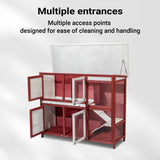 Rabbit Barn with Two Levels & Stairs, Removable Floor, Red-white