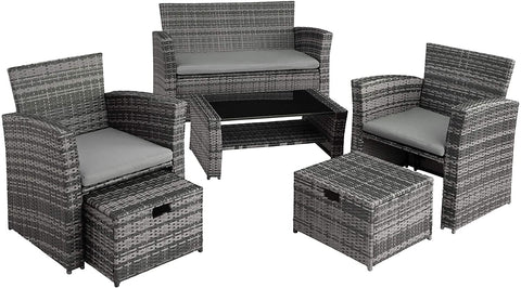 Dk Grey Poly-rattan Garden / Balcony / Patio Set for 4 People with Stool, Storage Compartment Under Sofa Seat, Table with Shelf