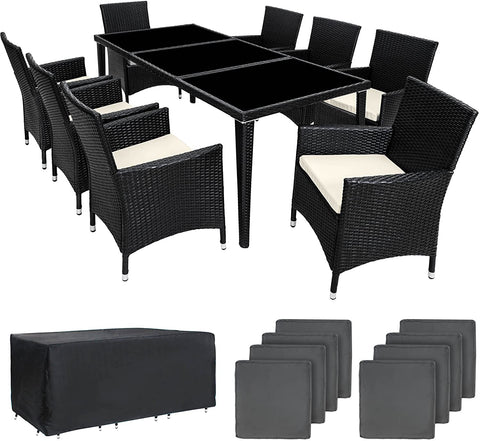 Rattan dining set, 8 chairs + 1 dining table with glass tops  BLACK