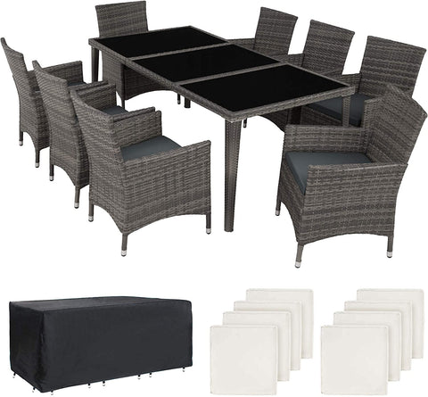 Rattan dining set, 8 chairs + 1 dining table with glass tops DK GREY
