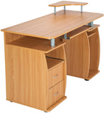 Beech Computer Desk With Shelves and 2 Drawers for Home Office