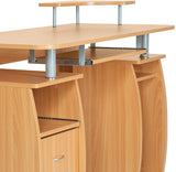 Beech Computer Desk With Shelves and 2 Drawers for Home Office