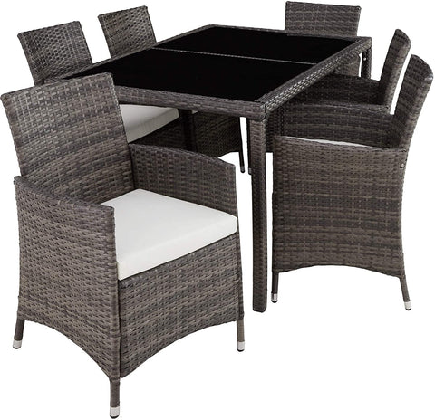 *****LAST ONE****Dark Grey Rattan Seating Set, 6 Chairs with Seat Cushions, 1 Table with 2 Glass Tops, Including Protective Cover