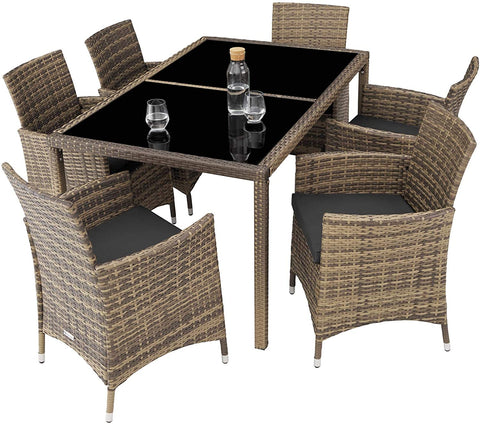 Brow Rattan Seating Set, 6 Chairs with Seat Cushions, 1 Table with 2 Glass Tops, Including Protective Cover