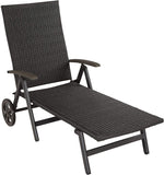 Aluminium Poly Rattan Sun Lounger with Armrests and Castors, Folding Garden Lounger with Height-Adjustable Backrest
