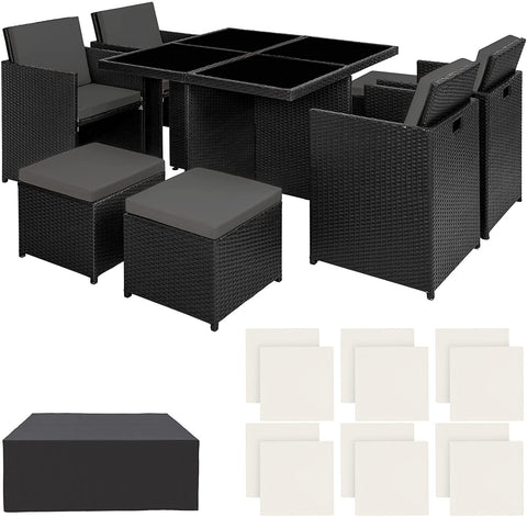 Black Rattan aluminum 4 + 1 + 4 seating group Cube 4 chairs 1 table 4 stools + protective cover